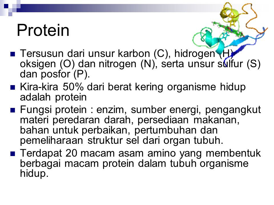 Protein Tersusun dari unsur karbon (C), hidrogen (H) oksigen (O) dan nitrogen (N), serta unsur sulfur (S) dan posfor (P).
