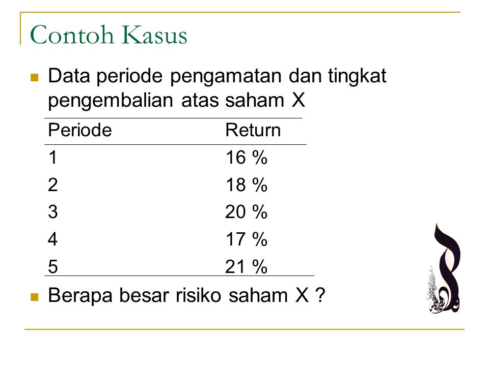 Contoh Kasus Data periode pengamatan dan tingkat pengembalian atas saham X. Periode Return %