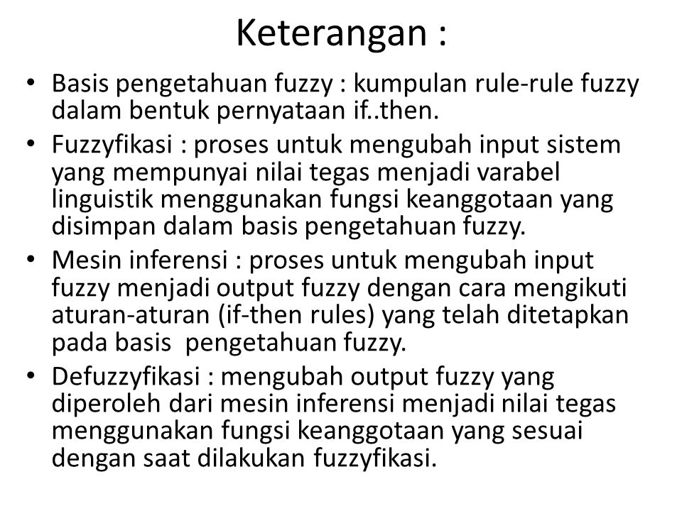Keterangan : Basis pengetahuan fuzzy : kumpulan rule-rule fuzzy dalam bentuk pernyataan if..then.