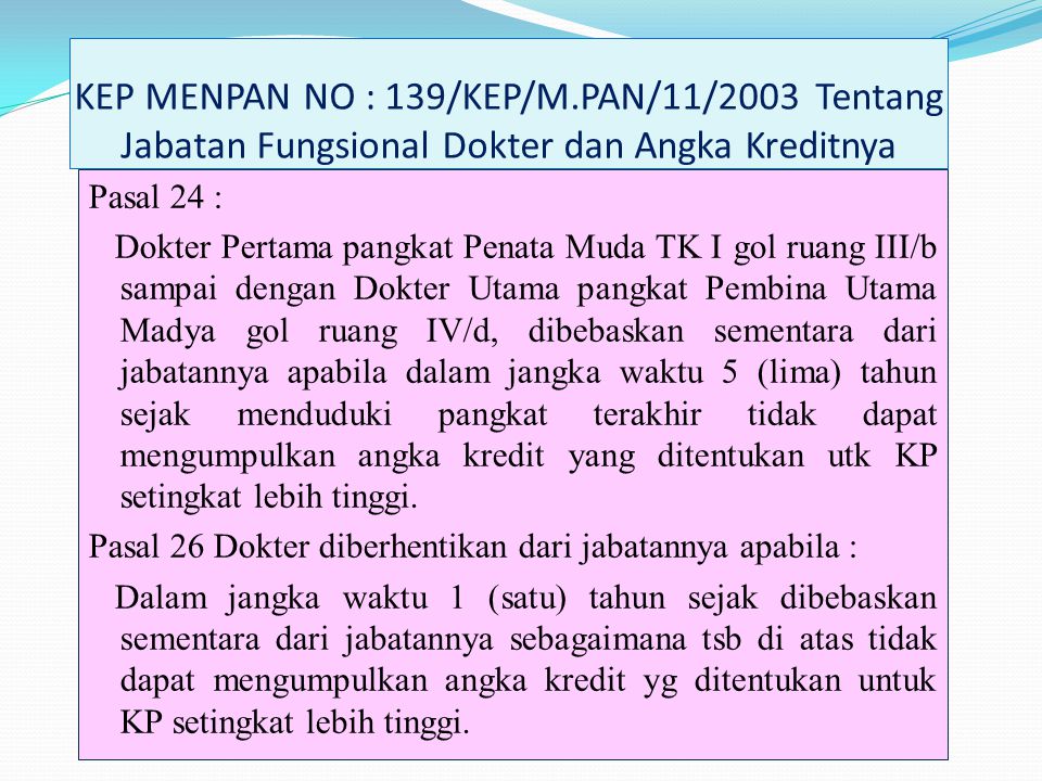 KEP MENPAN NO : 139/KEP/M.PAN/11/2003 Tentang Jabatan Fungsional Dokter dan Angka Kreditnya