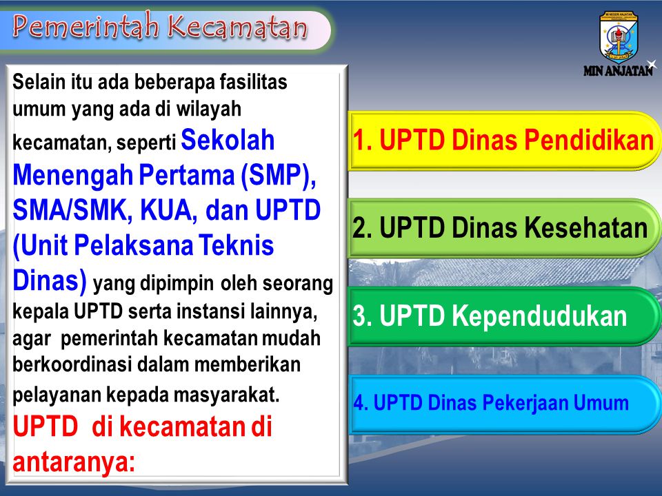 UPTD di kecamatan di antaranya: 1. UPTD Dinas Pendidikan