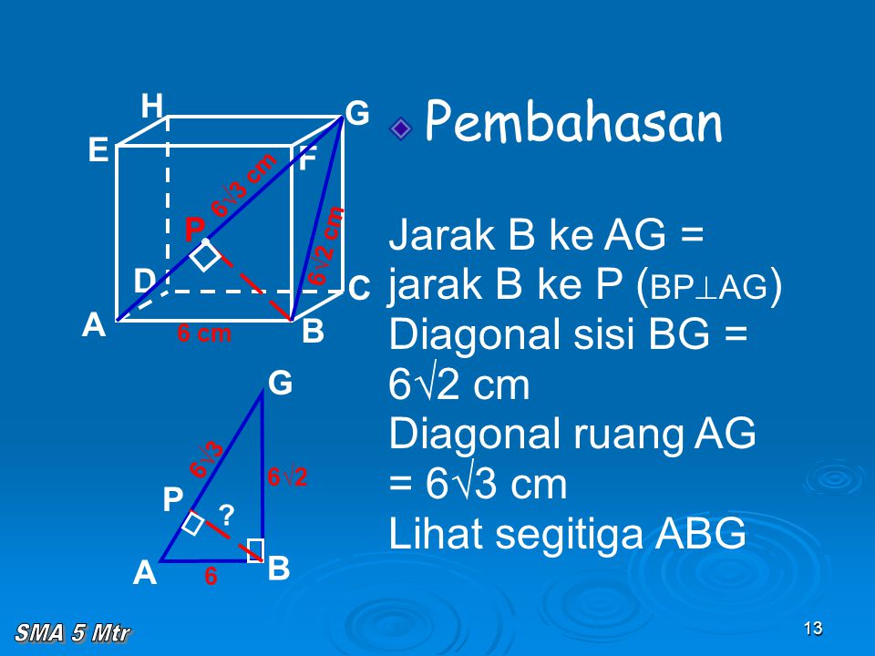 Pembahasan Jarak B ke AG = jarak B ke P (BPAG) Diagonal sisi BG =
