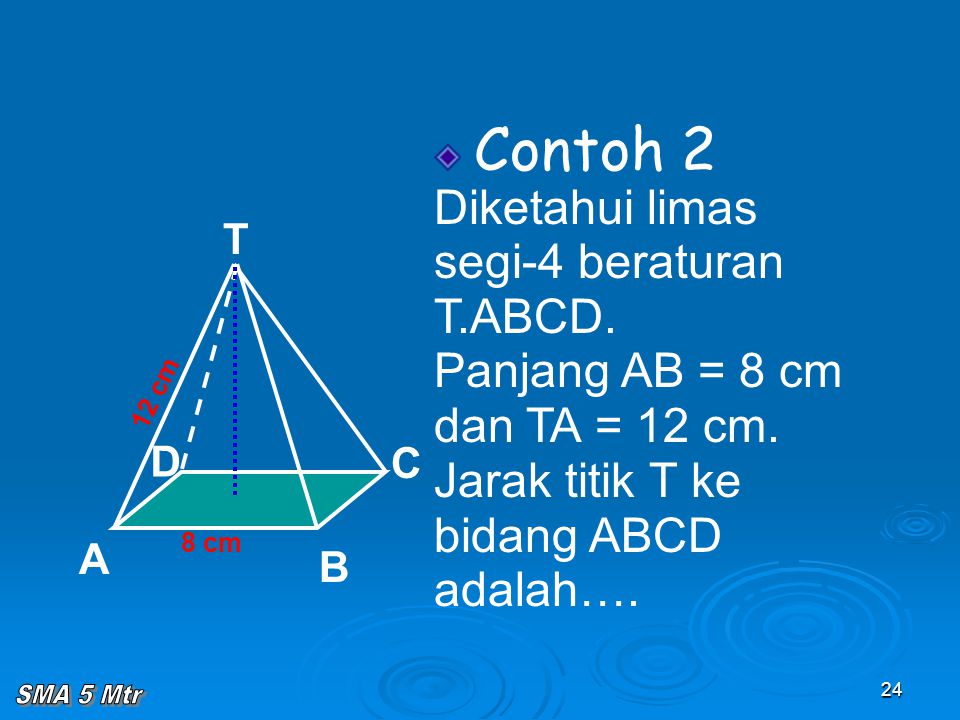 Contoh 2 Diketahui limas segi-4 beraturan T.ABCD. Panjang AB = 8 cm