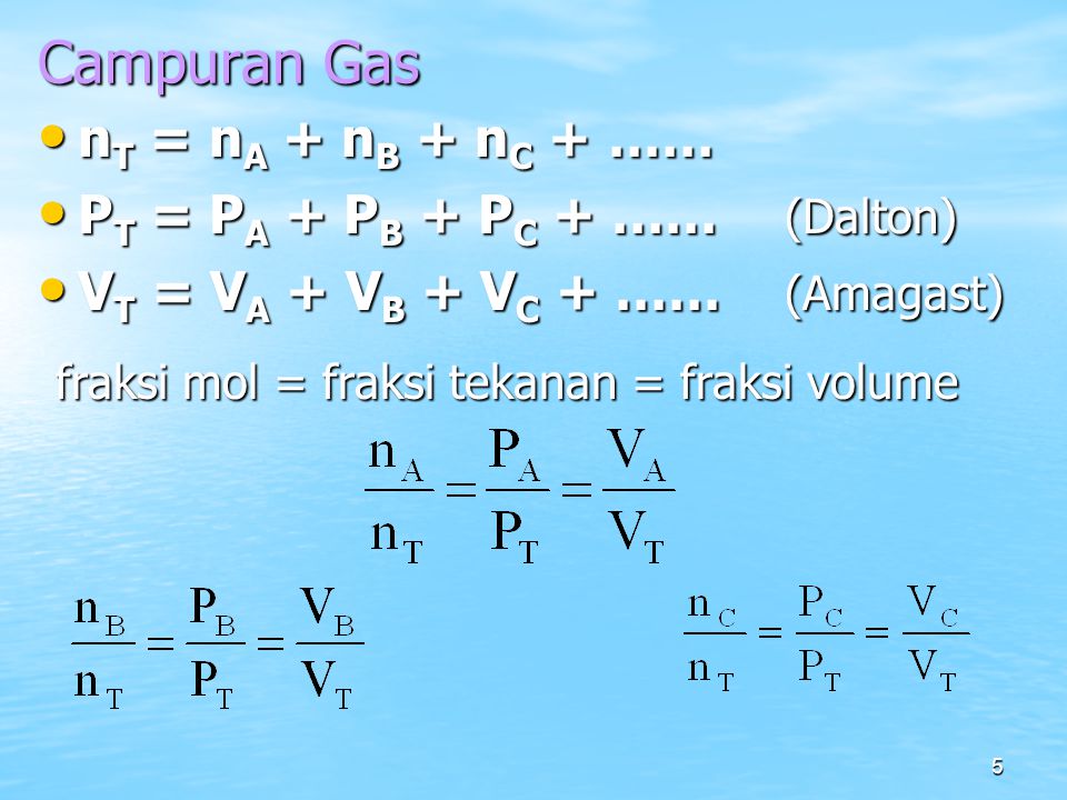 Campuran Gas nT = nA + nB + nC + …… PT = PA + PB + PC + …… (Dalton)