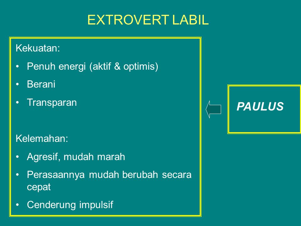 EXTROVERT LABIL PAULUS Kekuatan: Penuh energi (aktif & optimis) Berani