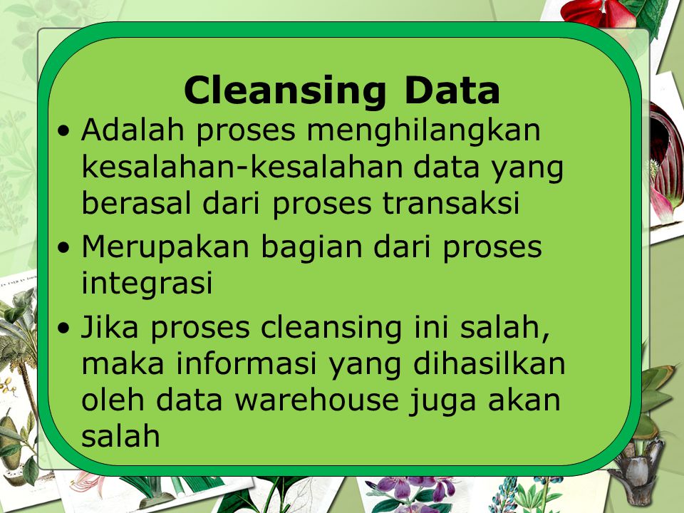 Cleansing Data Adalah proses menghilangkan kesalahan-kesalahan data yang berasal dari proses transaksi.