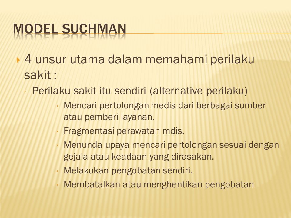 Model Suchman 4 unsur utama dalam memahami perilaku sakit :