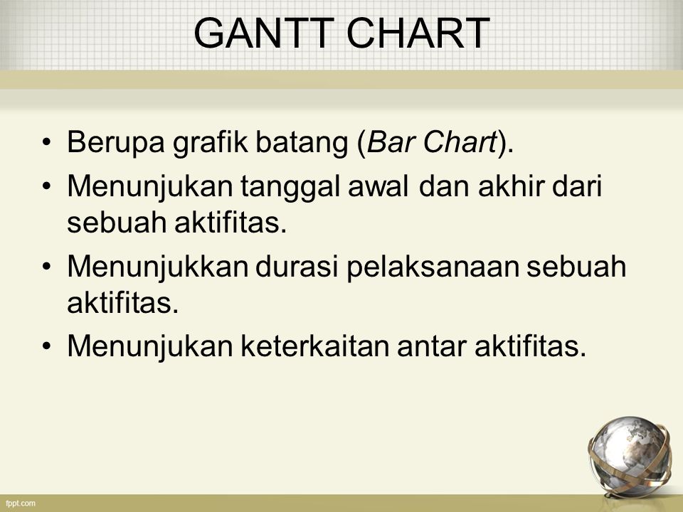 GANTT CHART Berupa grafik batang (Bar Chart).