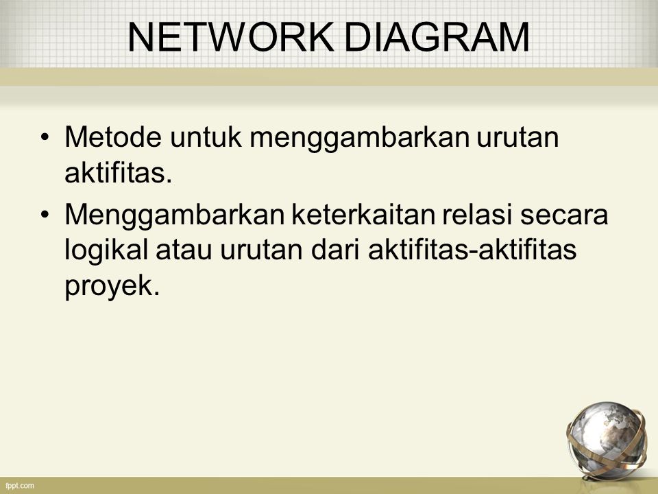 NETWORK DIAGRAM Metode untuk menggambarkan urutan aktifitas.