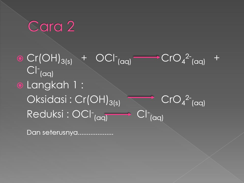 Cara 2 Cr(OH)3(s) + OCl-(aq) CrO42-(aq) + Cl-(aq) Langkah 1 :