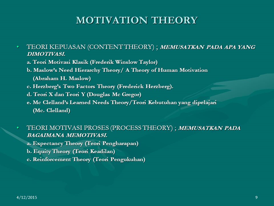 MOTIVATION THEORY TEORI KEPUASAN (CONTENT THEORY) ; MEMUSATKAN PADA APA YANG DIMOTIVASI. a. Teori Motivasi Klasik (Frederik Winslow Taylor)
