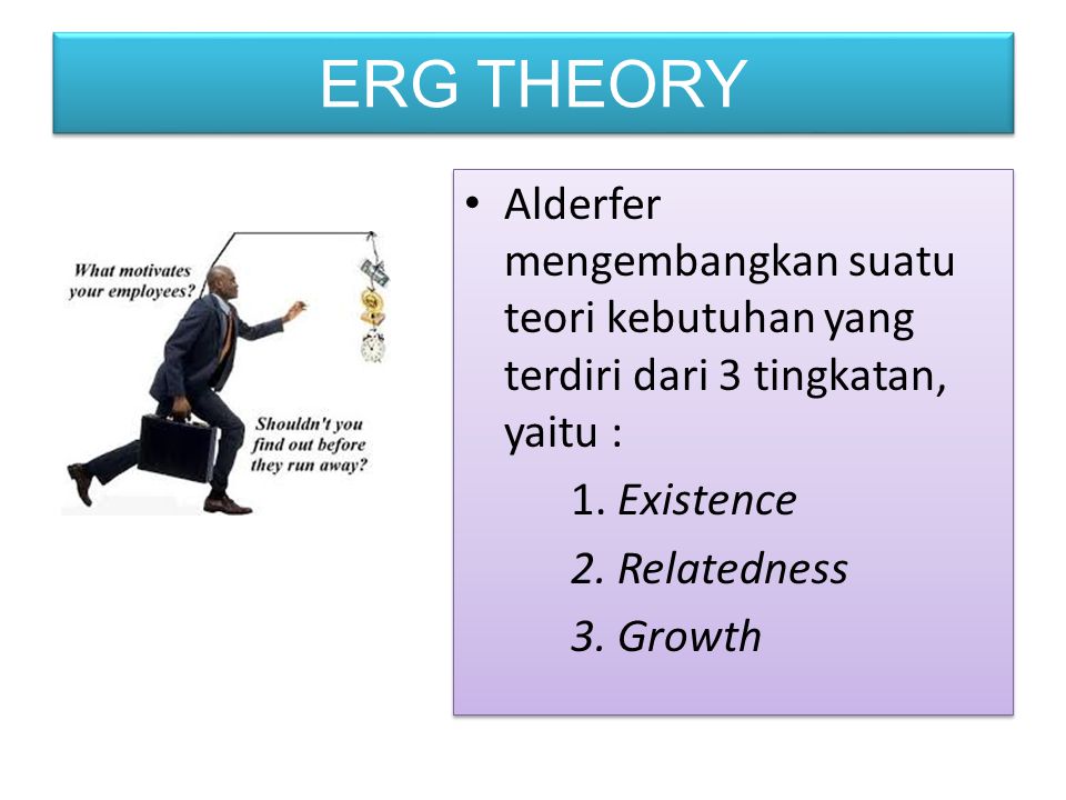 ERG THEORY Alderfer mengembangkan suatu teori kebutuhan yang terdiri dari 3 tingkatan, yaitu : 1. Existence.