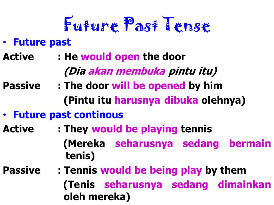 Future Past Tense Future past Active : He would open the door