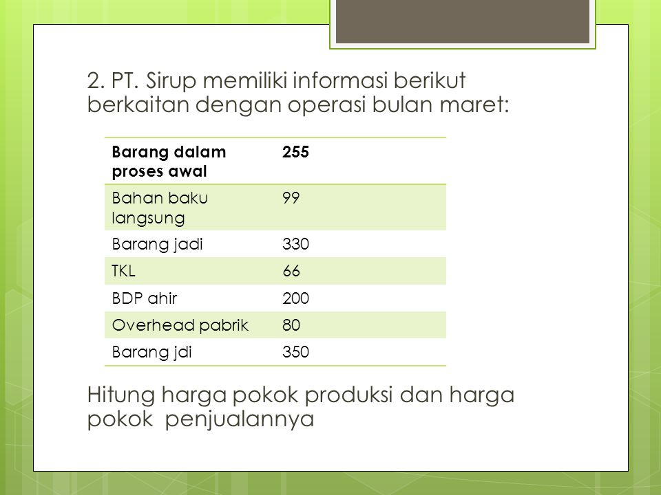 2. PT. Sirup memiliki informasi berikut berkaitan dengan operasi bulan maret: Hitung harga pokok produksi dan harga pokok penjualannya