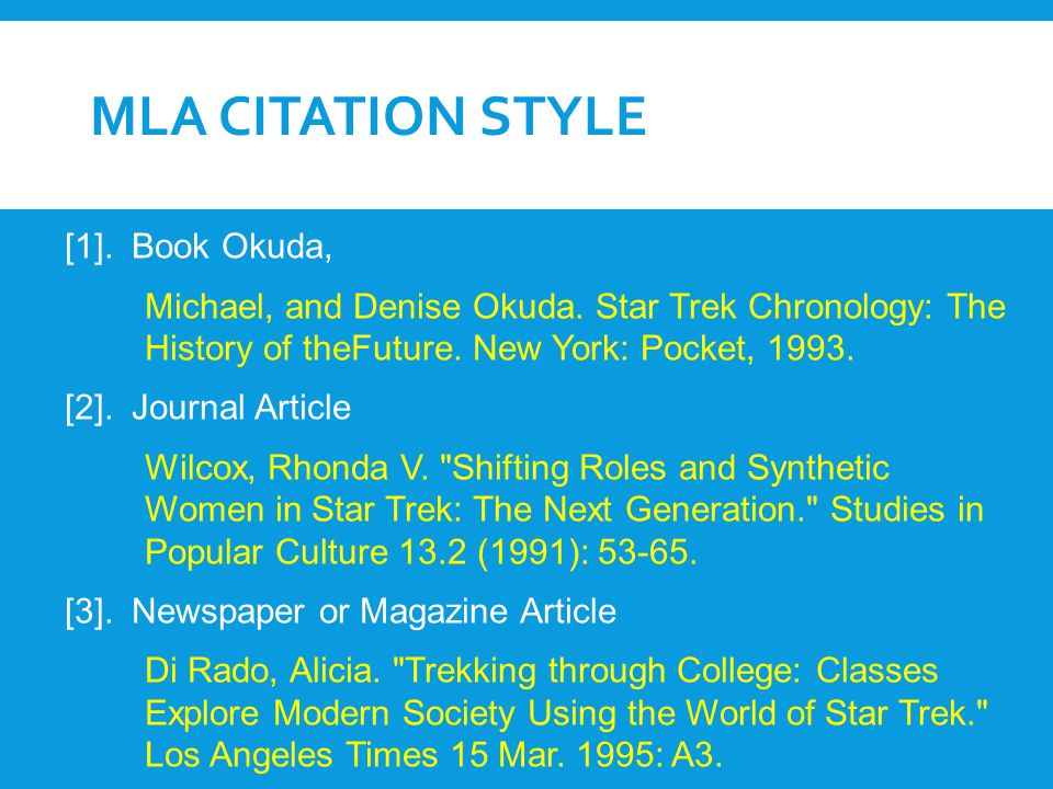 MLA citation Style [1]. Book Okuda,