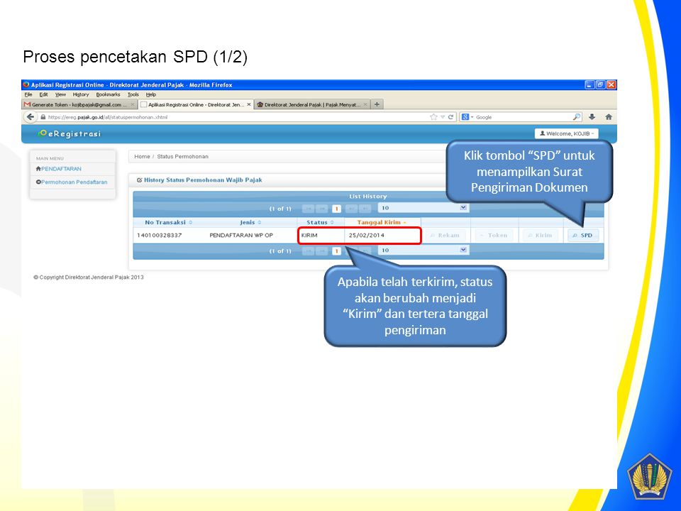 Klik tombol SPD untuk menampilkan Surat Pengiriman Dokumen