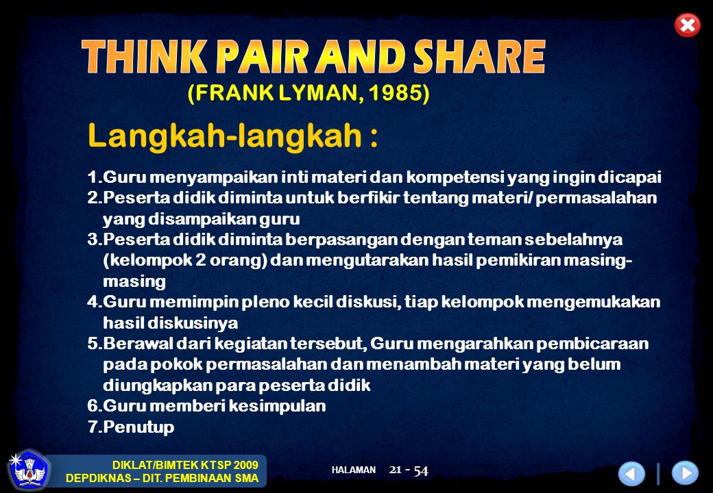 THINK PAIR AND SHARE Langkah-langkah : (FRANK LYMAN, 1985)