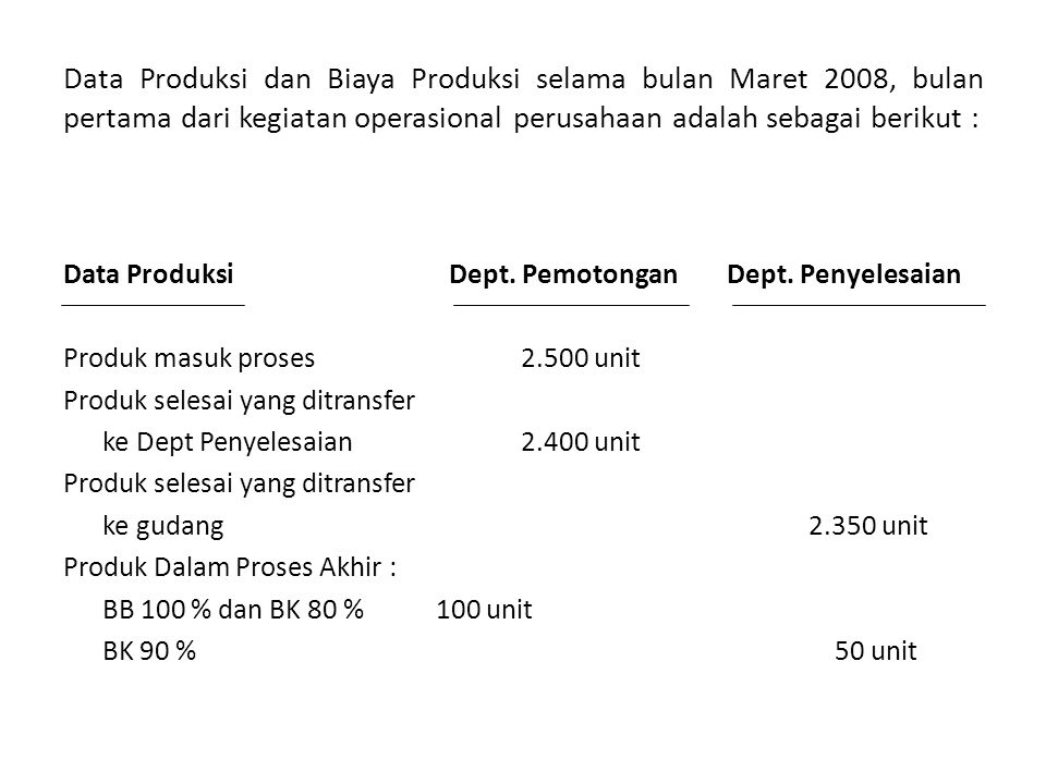 Data Produksi dan Biaya Produksi selama bulan Maret 2008, bulan pertama dari kegiatan operasional perusahaan adalah sebagai berikut :