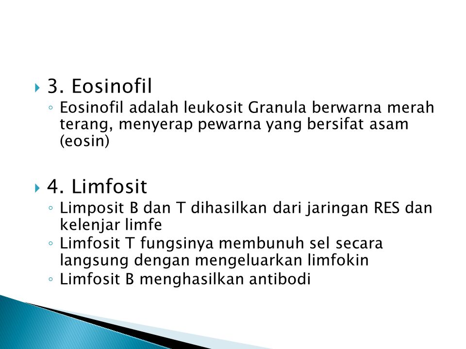3. Eosinofil Eosinofil adalah leukosit Granula berwarna merah terang, menyerap pewarna yang bersifat asam (eosin)