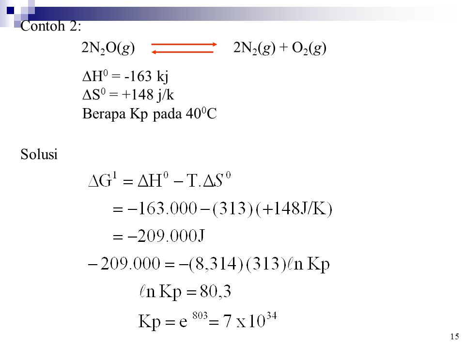 Contoh 2: 2N2O(g) 2N2(g) + O2(g) H0 = -163 kj S0 = +148 j/k