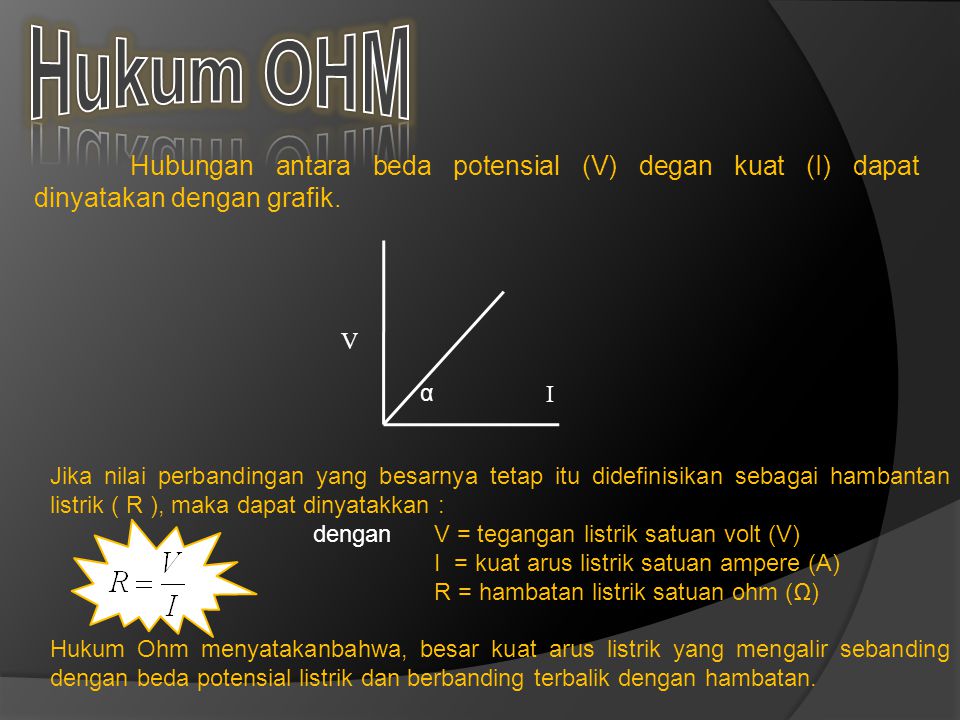 Hukum OHM Hubungan antara beda potensial (V) degan kuat (I) dapat dinyatakan dengan grafik. V. I.