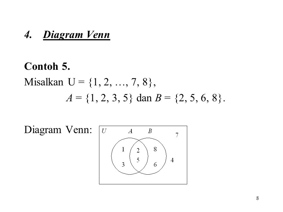 Diagram Venn Contoh 5. Misalkan U = {1, 2, …, 7, 8}, A = {1, 2, 3, 5} dan B = {2, 5, 6, 8}.