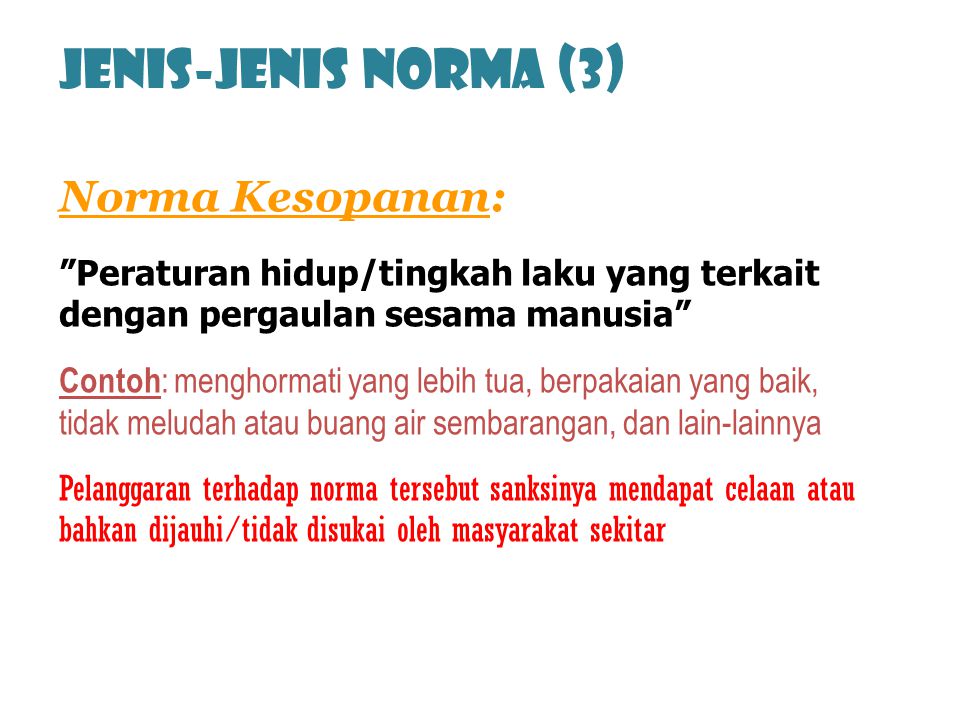 Jenis-jenis norma (3) Norma Kesopanan: