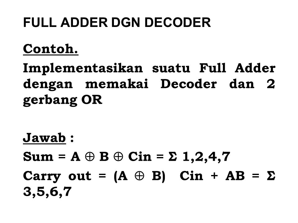FULL ADDER DGN DECODER Contoh. Implementasikan suatu Full Adder dengan memakai Decoder dan 2 gerbang OR.