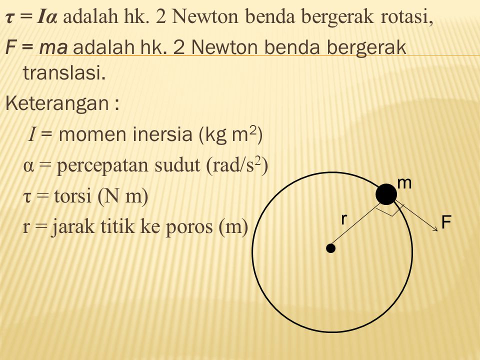 τ = Iα adalah hk. 2 Newton benda bergerak rotasi, F = ma adalah hk