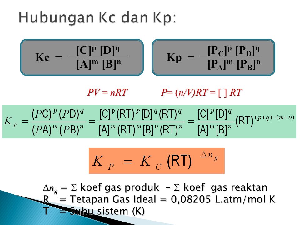 Hubungan Kc dan Kp: Kc = [C]p [D]q [A]m [B]n Kp = [PC]p [PD]q