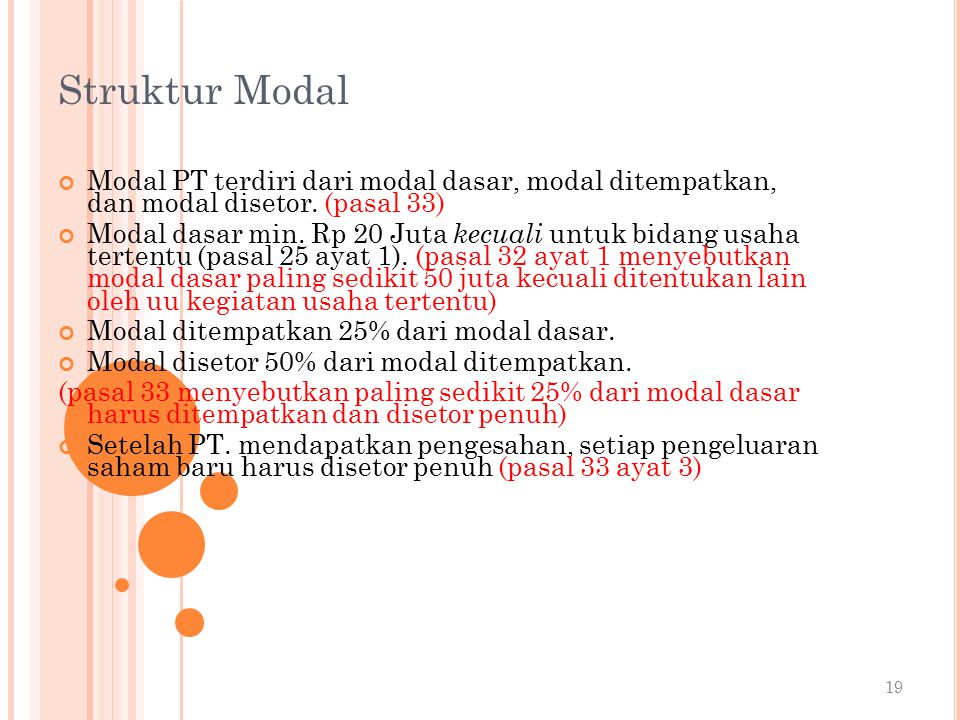Struktur Modal Modal PT terdiri dari modal dasar, modal ditempatkan, dan modal disetor. (pasal 33)