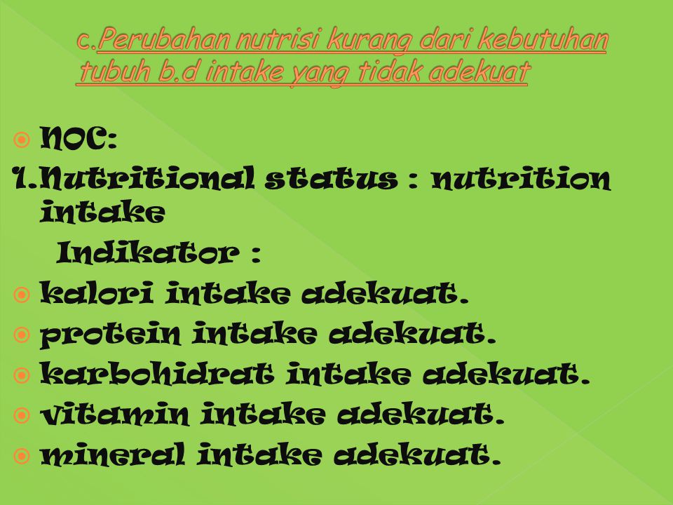 1.Nutritional status : nutrition intake Indikator :