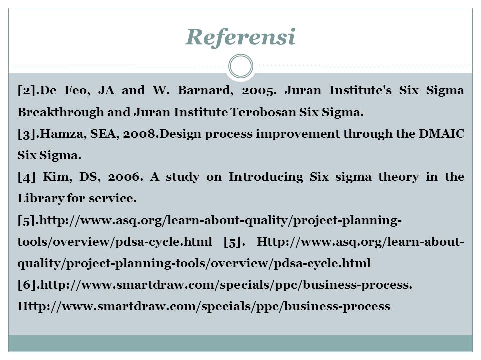 Referensi [2].De Feo, JA and W. Barnard, Juran Institute s Six Sigma Breakthrough and Juran Institute Terobosan Six Sigma.