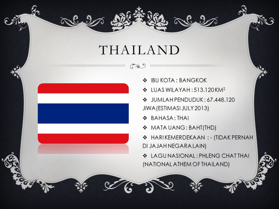 THAILAND IBU KOTA : BANGKOK LUAS WILAYAH : KM2