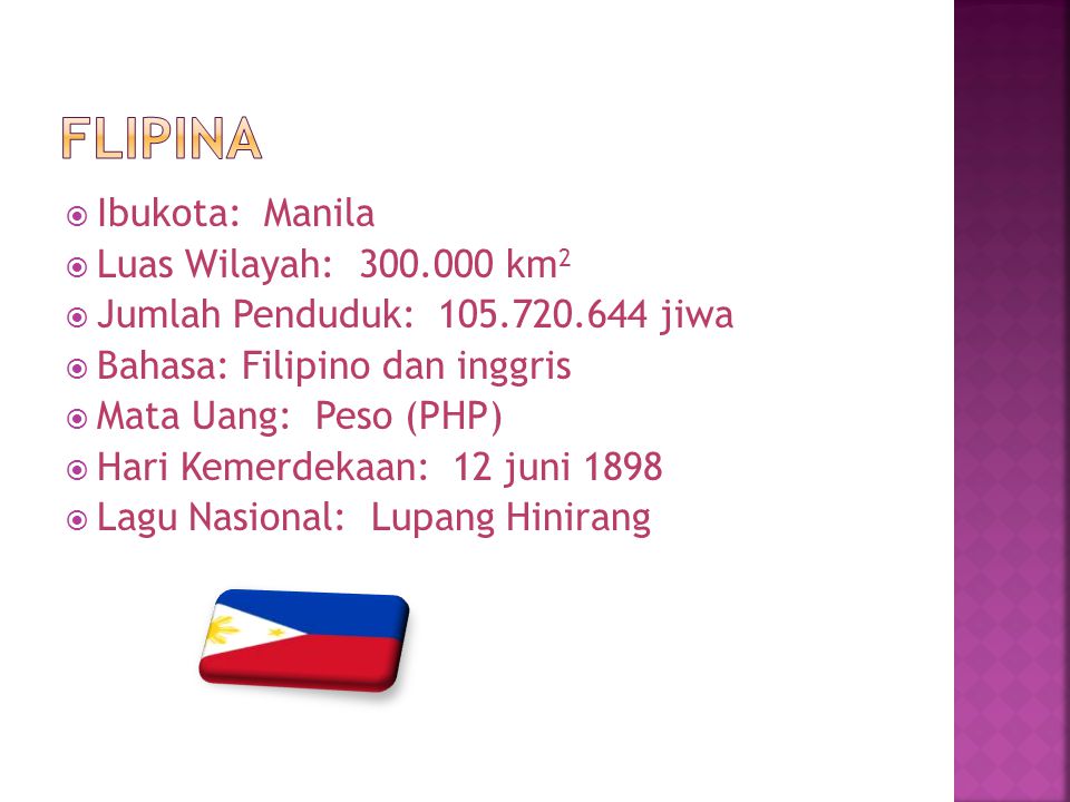 Flipina Ibukota: Manila Luas Wilayah: km2