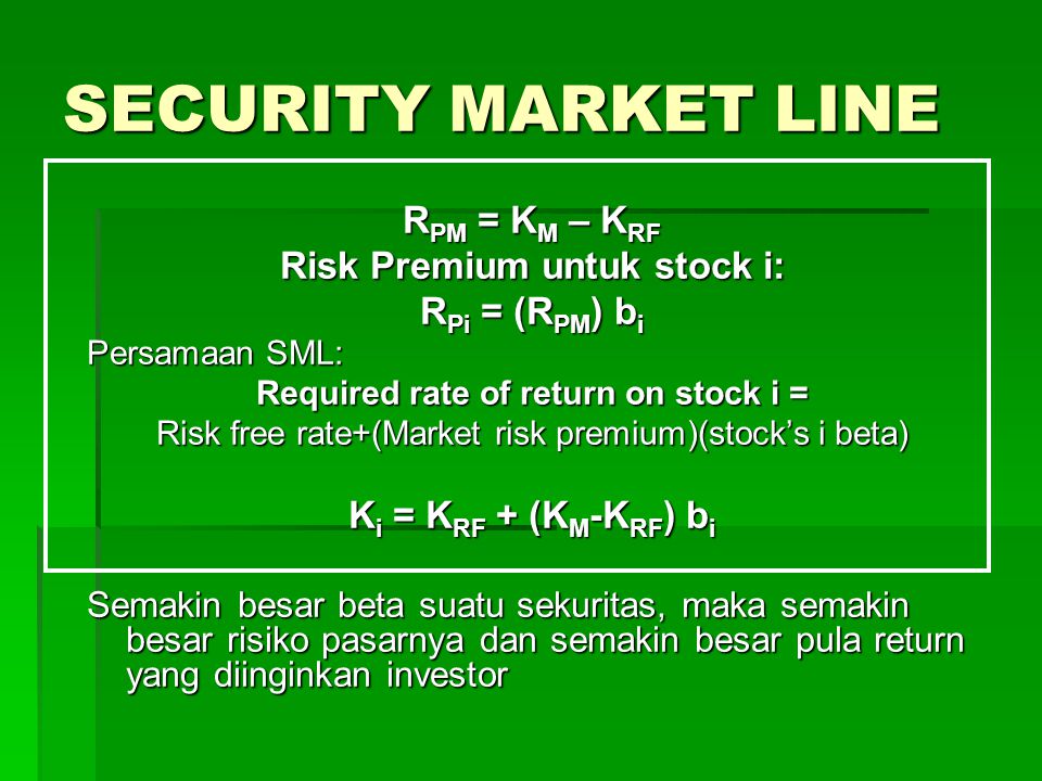 Risk Premium untuk stock i: Required rate of return on stock i =