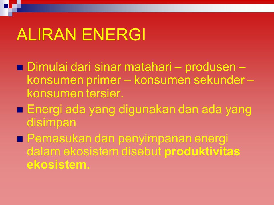 ALIRAN ENERGI Dimulai dari sinar matahari – produsen – konsumen primer – konsumen sekunder – konsumen tersier.