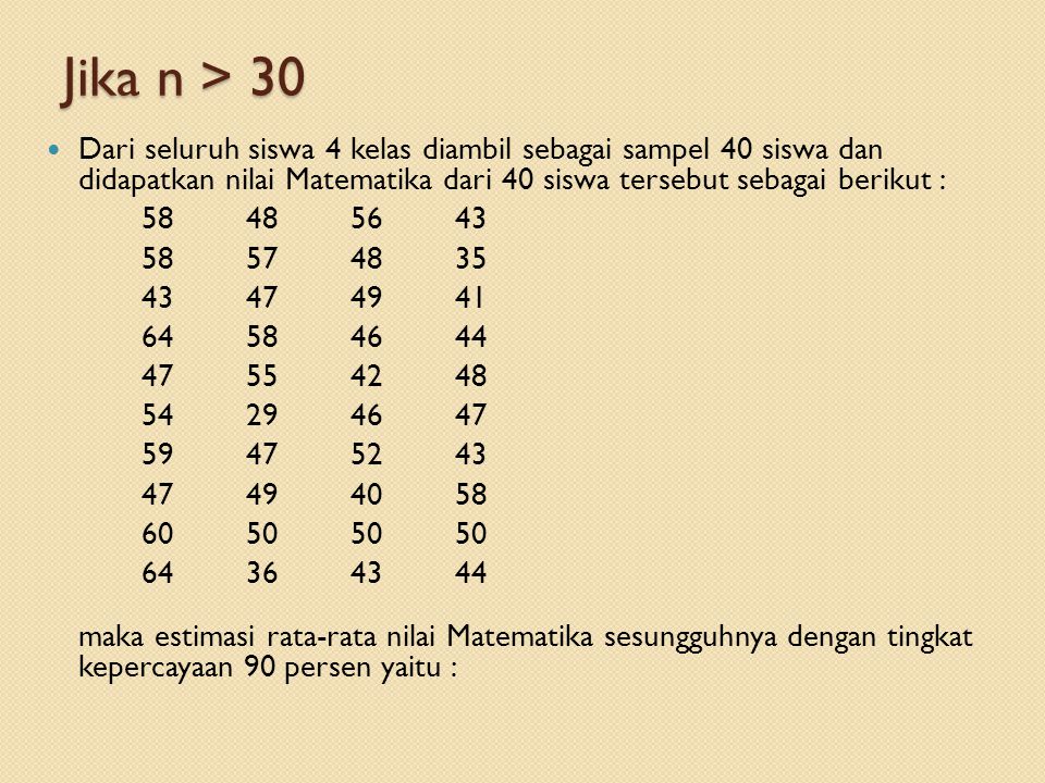 Jika n > 30 Dari seluruh siswa 4 kelas diambil sebagai sampel 40 siswa dan didapatkan nilai Matematika dari 40 siswa tersebut sebagai berikut :