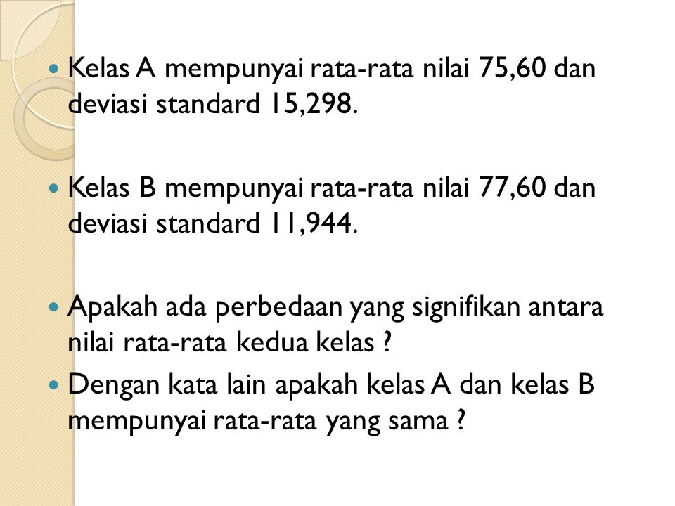 Kelas A mempunyai rata-rata nilai 75,60 dan deviasi standard 15,298.