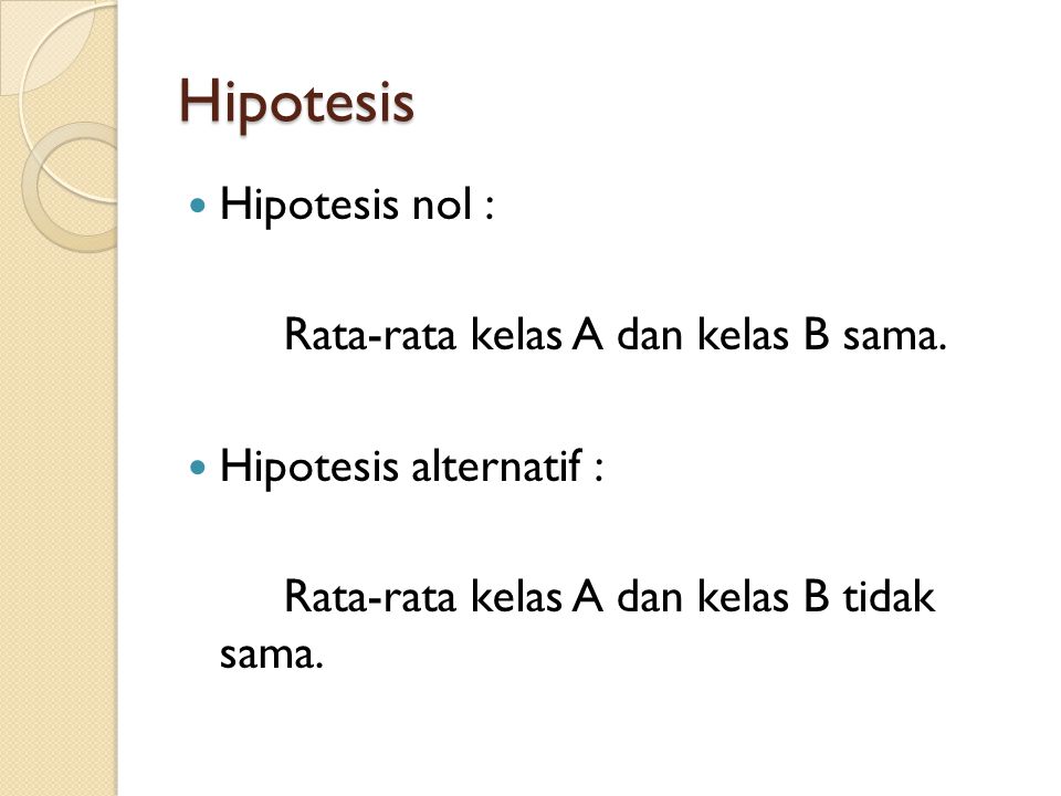 Hipotesis Hipotesis nol : Rata-rata kelas A dan kelas B sama.