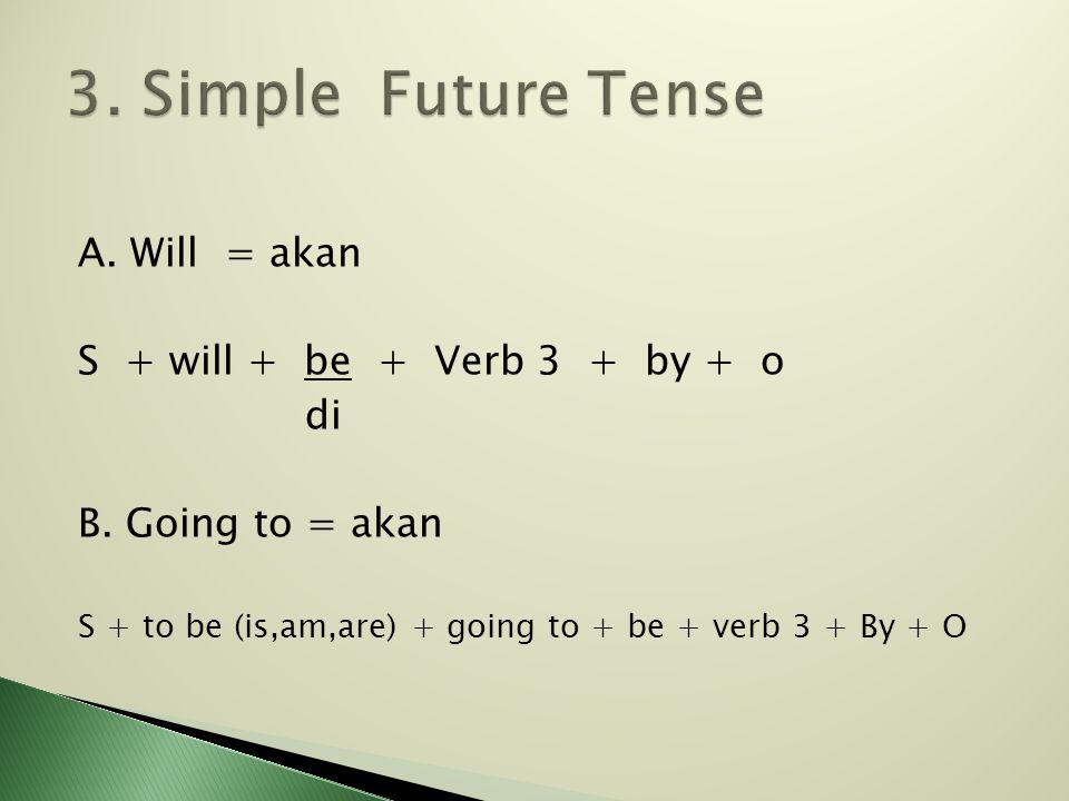 3. Simple Future Tense A. Will = akan S + will + be + Verb 3 + by + o