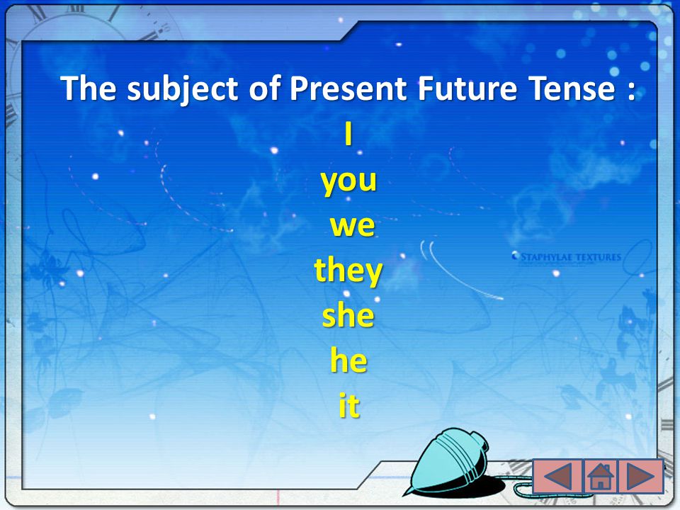The subject of Present Future Tense : I you we they she he it