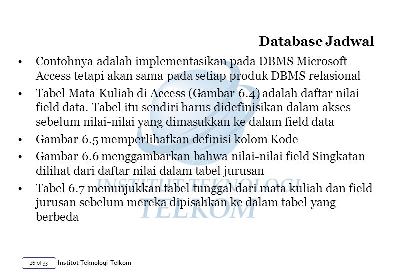 Database Jadwal Contohnya adalah implementasikan pada DBMS Microsoft Access tetapi akan sama pada setiap produk DBMS relasional.