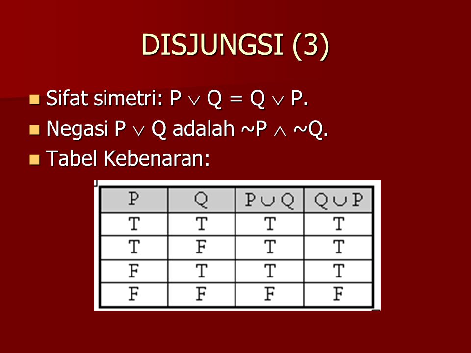 DISJUNGSI (3) Sifat simetri: P  Q = Q  P.