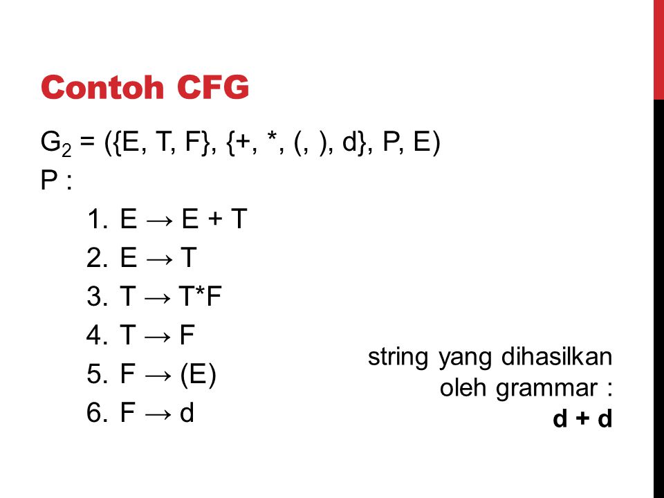 Contoh CFG G2 = ({E, T, F}, {+, *, (, ), d}, P, E) P : E → E + T E → T