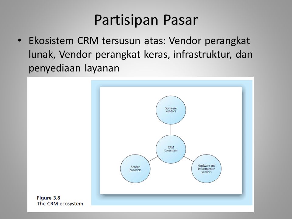 Partisipan Pasar Ekosistem CRM tersusun atas: Vendor perangkat lunak, Vendor perangkat keras, infrastruktur, dan penyediaan layanan.