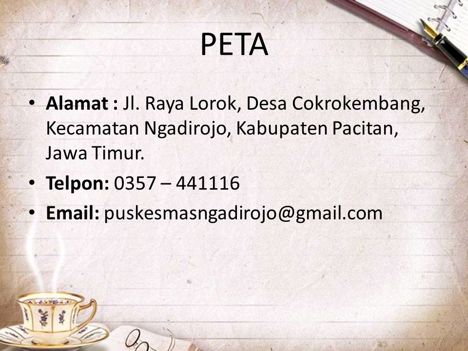 PETA Alamat : Jl. Raya Lorok, Desa Cokrokembang, Kecamatan Ngadirojo, Kabupaten Pacitan, Jawa Timur.