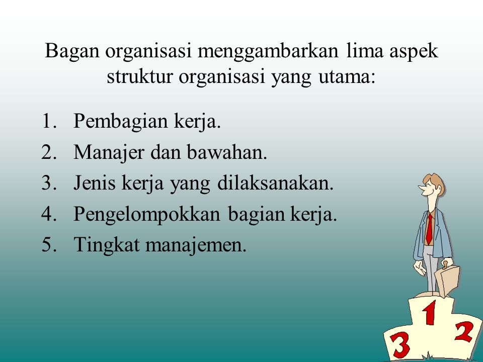 Bagan organisasi menggambarkan lima aspek struktur organisasi yang utama: