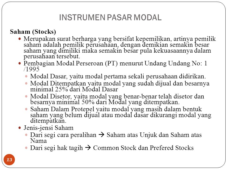 INSTRUMEN PASAR MODAL Saham (Stocks)