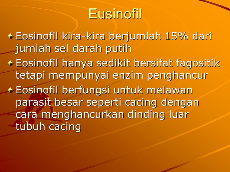 Eusinofil Eosinofil kira-kira berjumlah 15% dari jumlah sel darah putih.